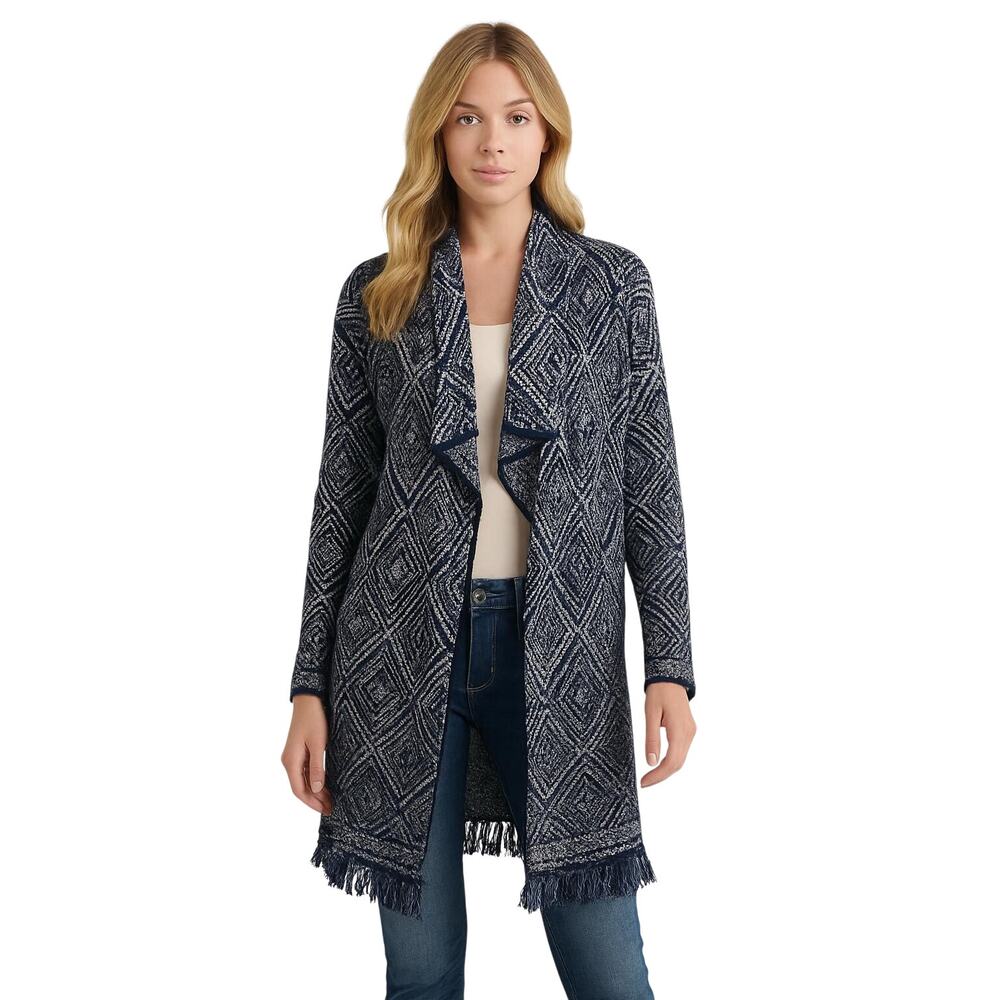 Lucky Brand Longline Fringe Duster Cardigan Blue White Geometric Boho Sz XL